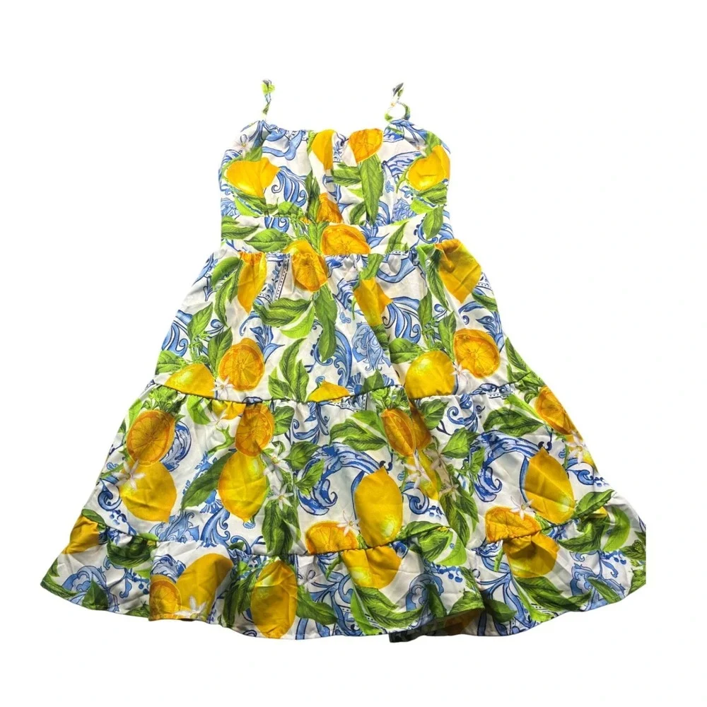 Girls Lemon Citrus Tile Print Tiered Smocked Sundress Floral Yellow Blue 12Y